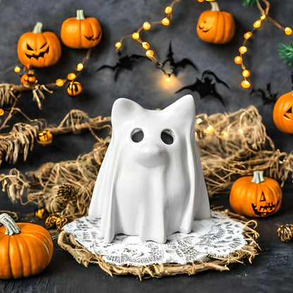 Spooky Cute Resin Dog Statue – White Halloween Figurine for Witch Garden Party Décor