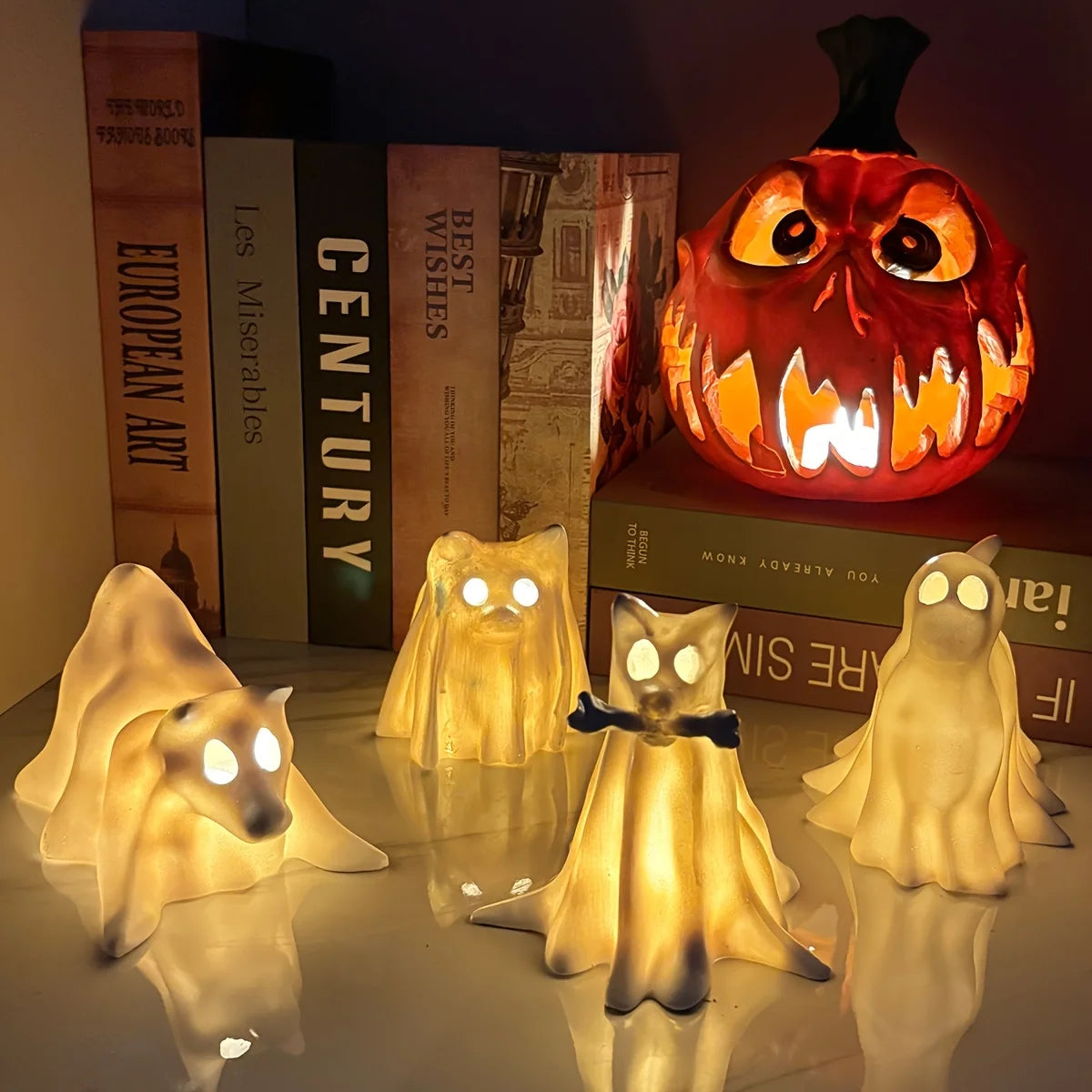 Spooky Cute Resin Dog Statue – White Halloween Figurine for Witch Garden Party Décor