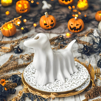 Spooky Cute Resin Dog Statue – White Halloween Figurine for Witch Garden Party Décor
