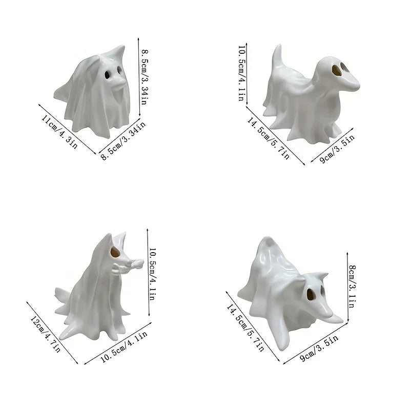 Spooky Cute Resin Dog Statue – White Halloween Figurine for Witch Garden Party Décor