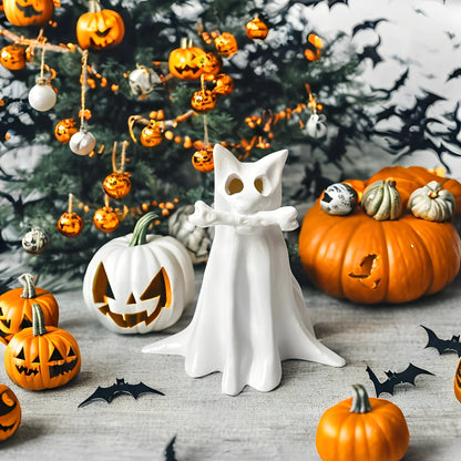 Spooky Cute Resin Dog Statue – White Halloween Figurine for Witch Garden Party Décor