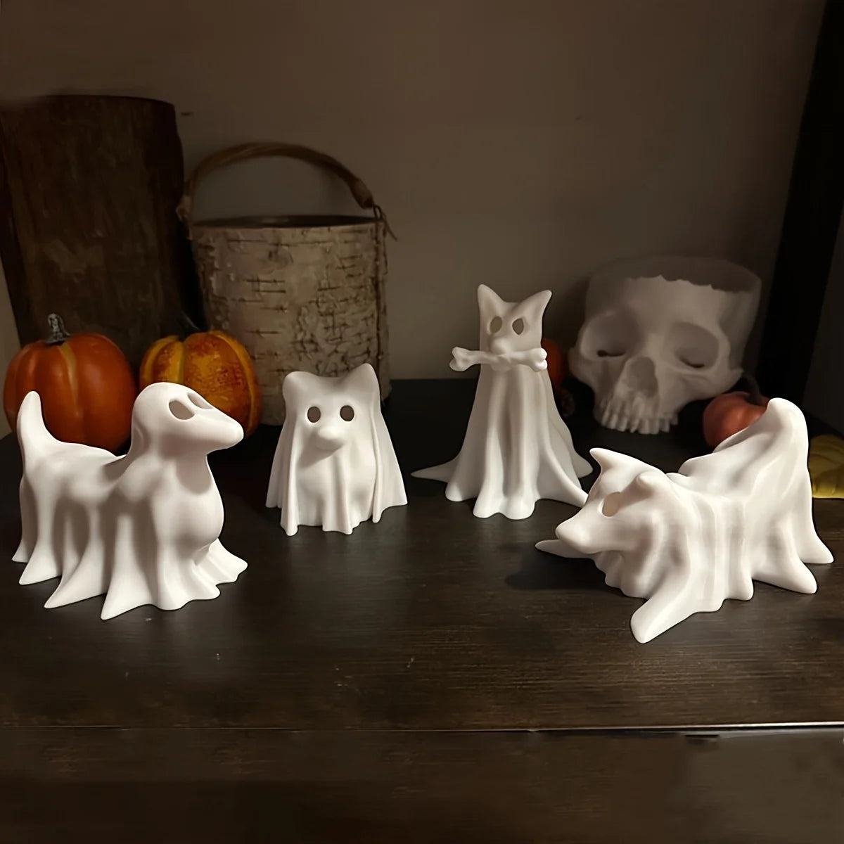 Spooky Cute Resin Dog Statue – White Halloween Figurine for Witch Garden Party Décor